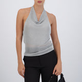 Top halter cuello cascada metálico