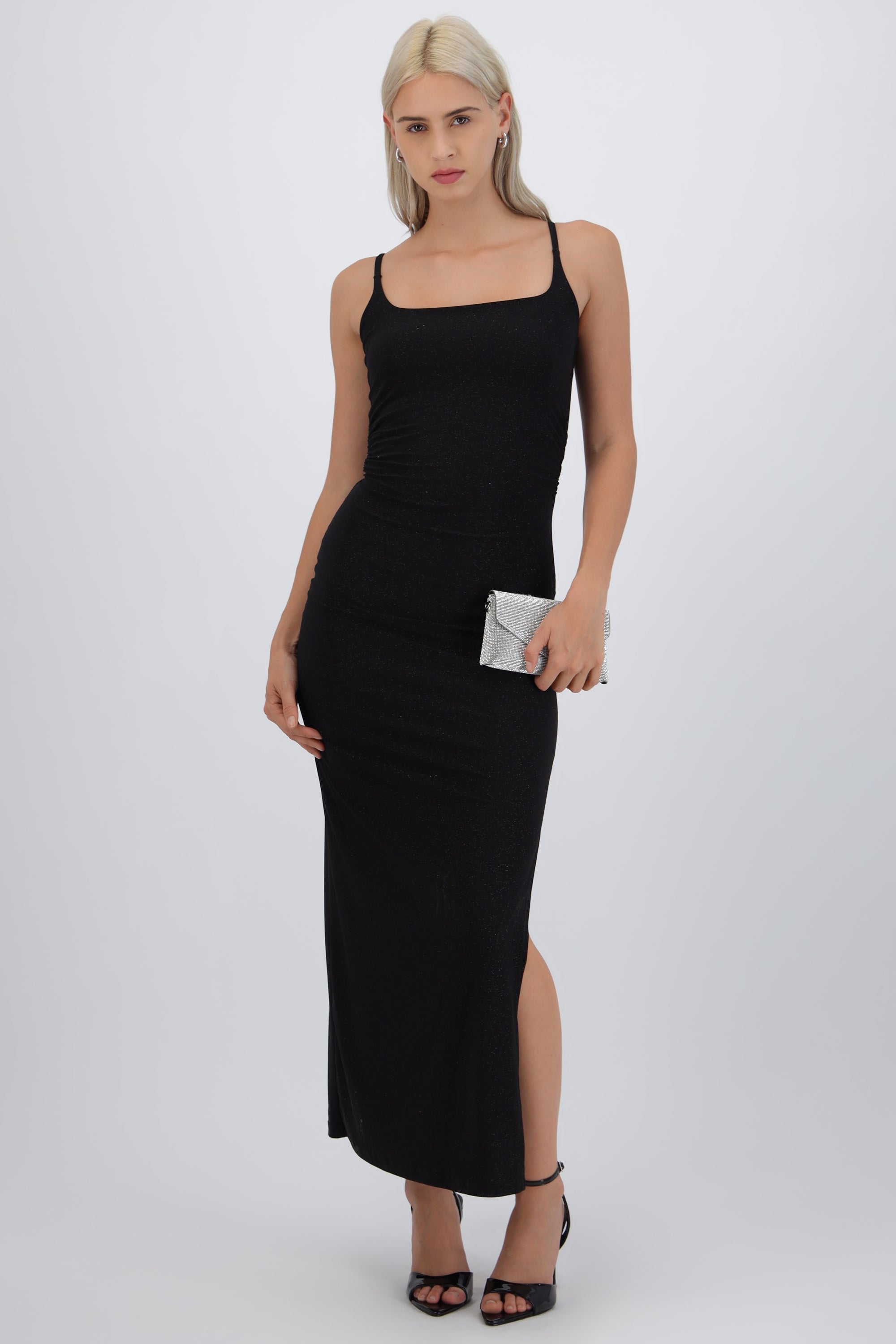 Vestido brillos tirantes con detalle frunce