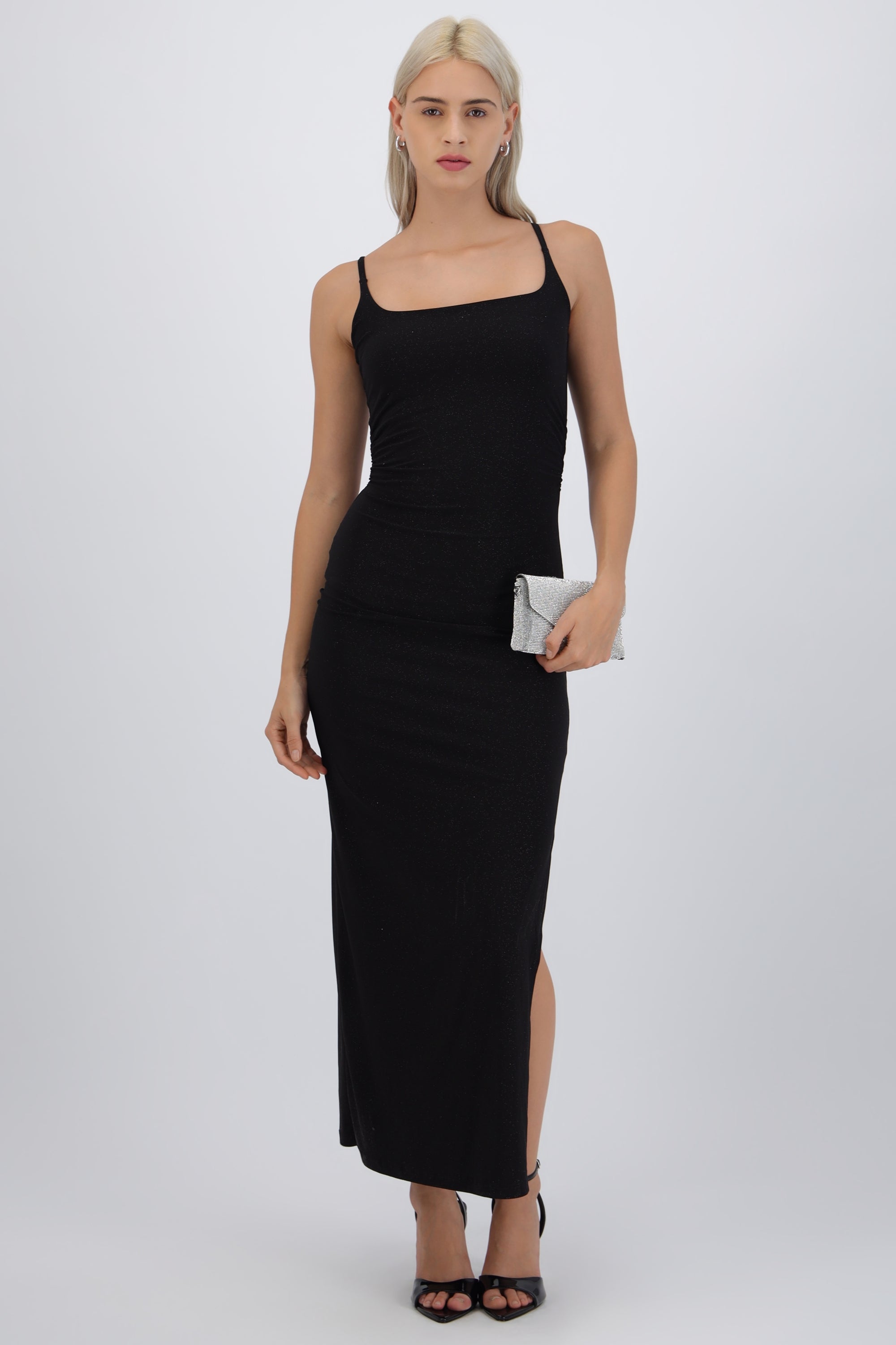 Vestido brillos tirantes con detalle frunce