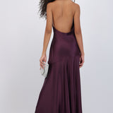 Vestido maxi satín escote v detalle corte