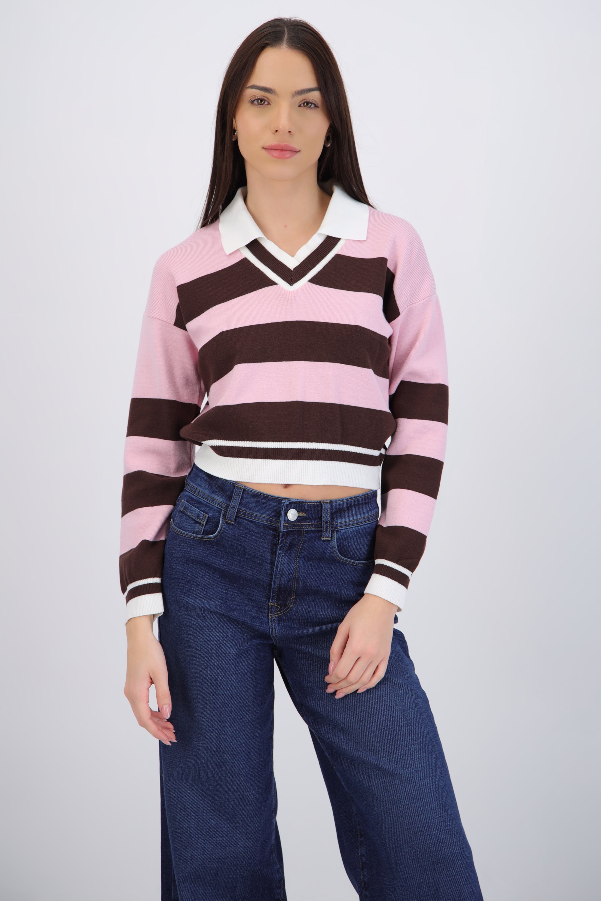 Suéter cuello polo doble rayas
