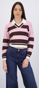 Suéter cuello polo doble rayas