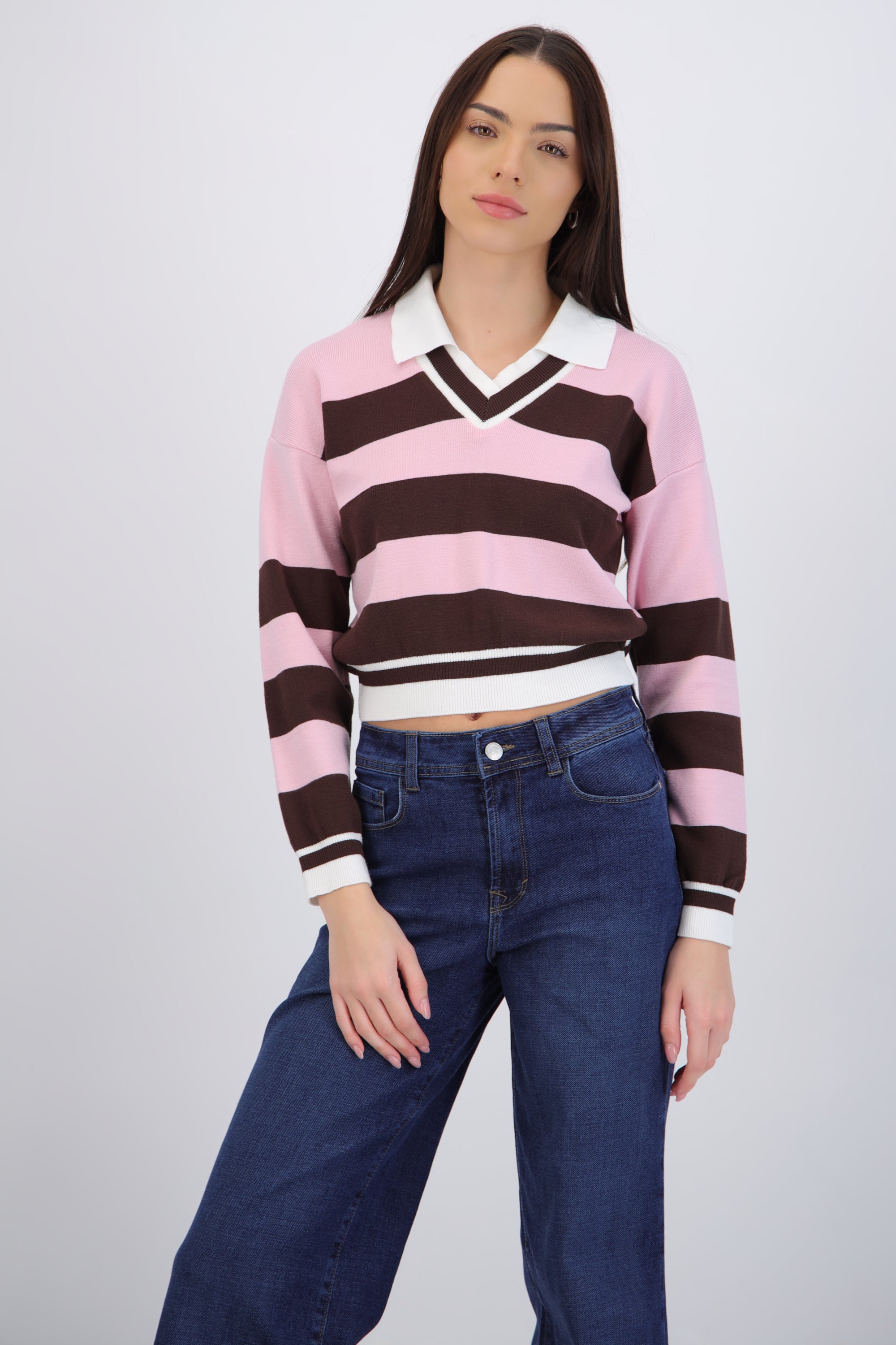 Suéter cuello polo doble rayas
