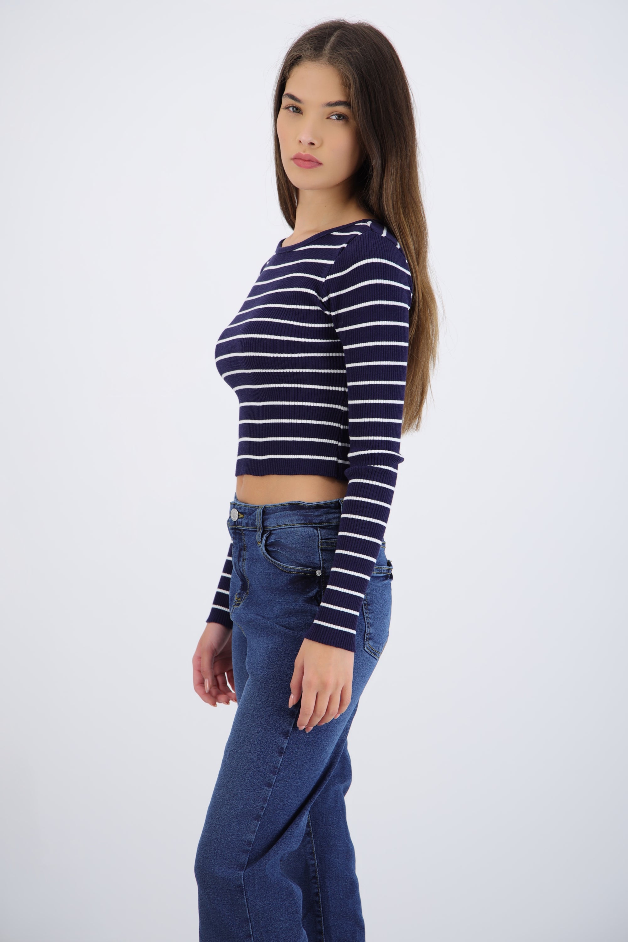 Top rib manga larga líneas
