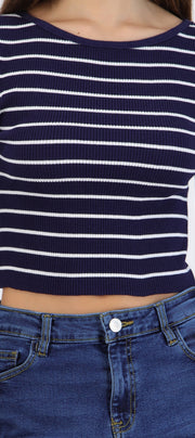 Top rib manga larga líneas