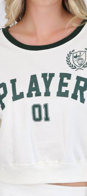 Sudadera estampada crop con contraste en mangas