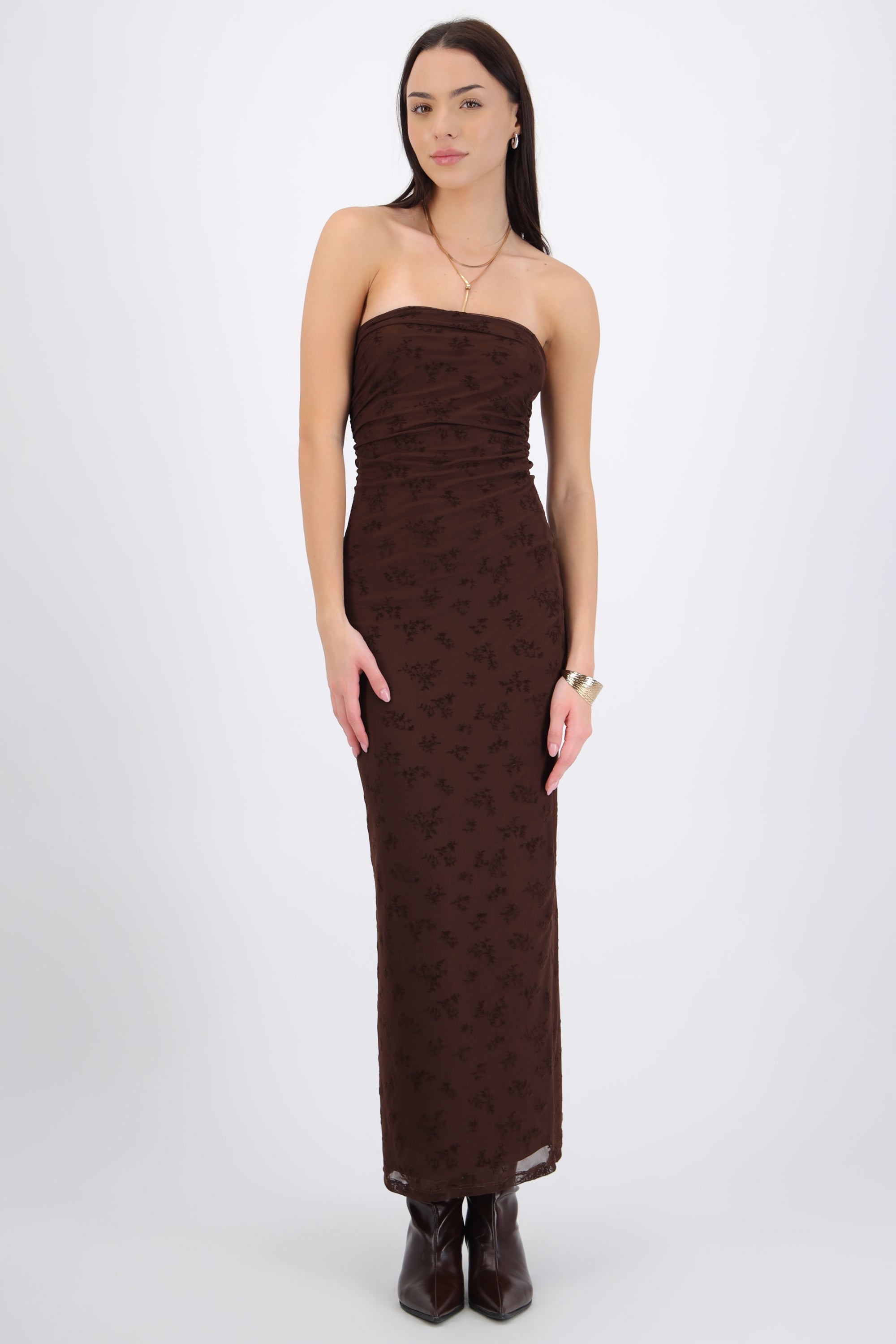 Vestido maxi detalle drapeado mesh flok