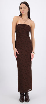 Vestido maxi detalle drapeado mesh flok