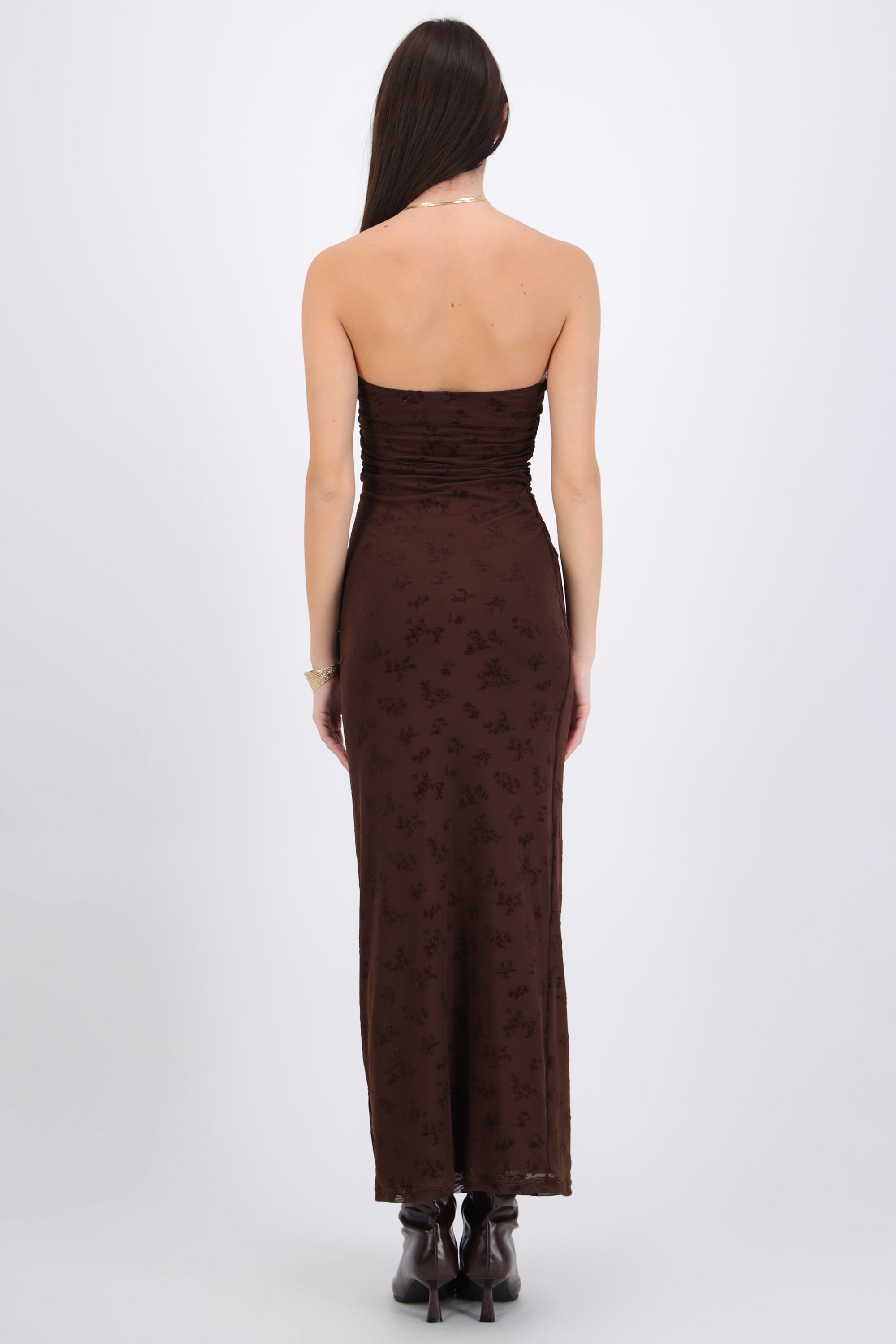 Vestido maxi detalle drapeado mesh flok