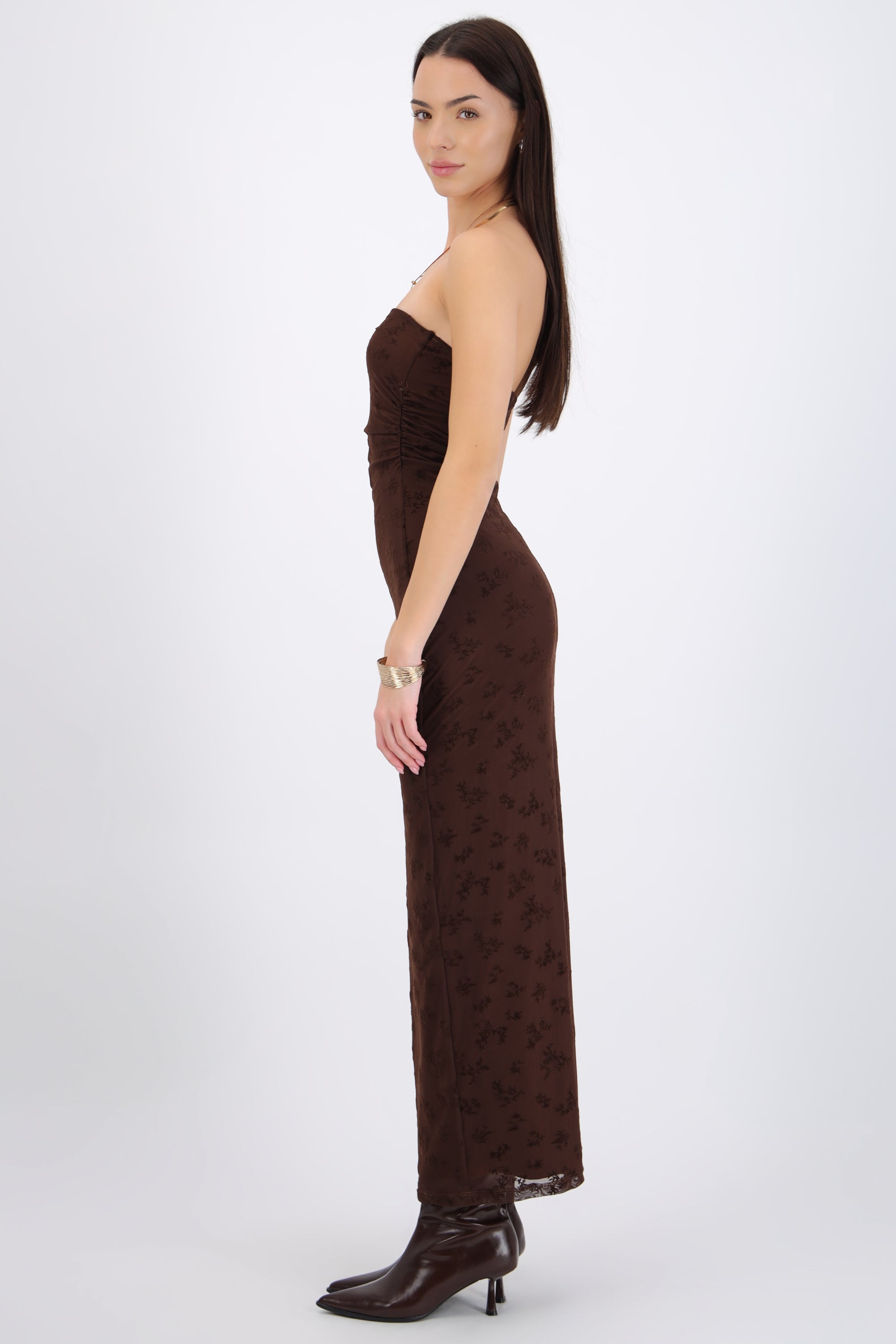 Vestido maxi detalle drapeado mesh flok