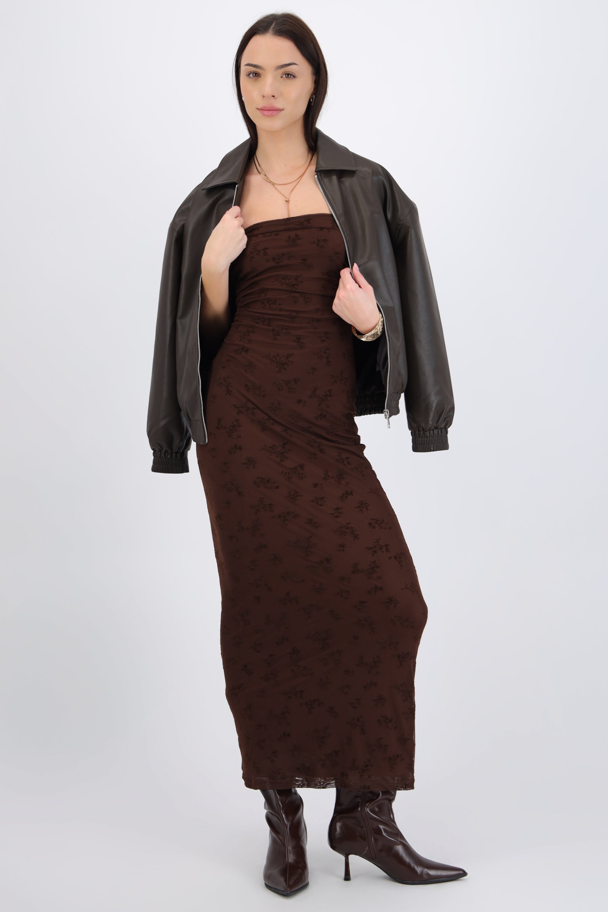 Vestido maxi detalle drapeado mesh flok