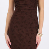 Vestido maxi detalle drapeado mesh flok