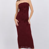 Vestido maxi detalle drapeado mesh flok