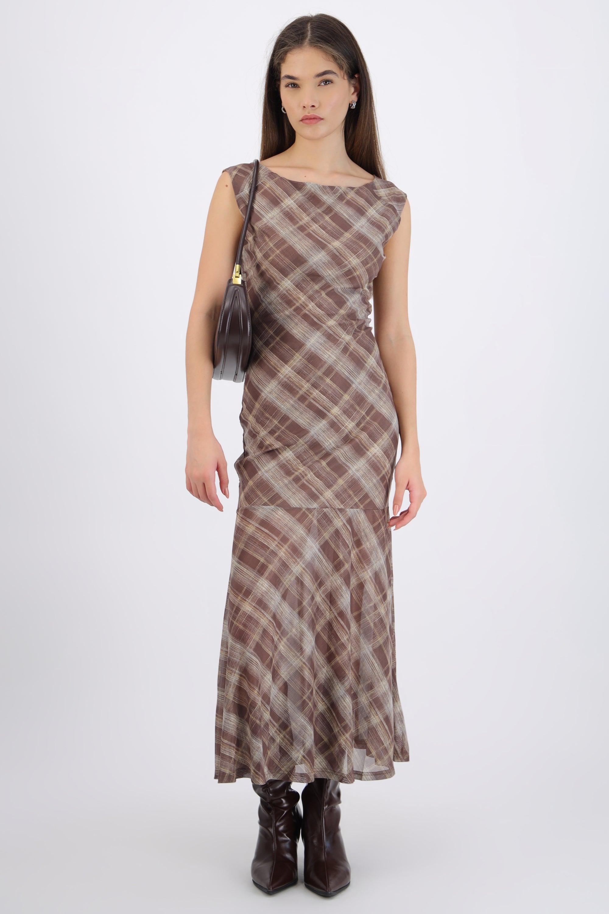 Maxivestido de mesh estampado cuadros