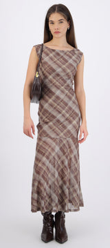 Maxivestido de mesh estampado cuadros