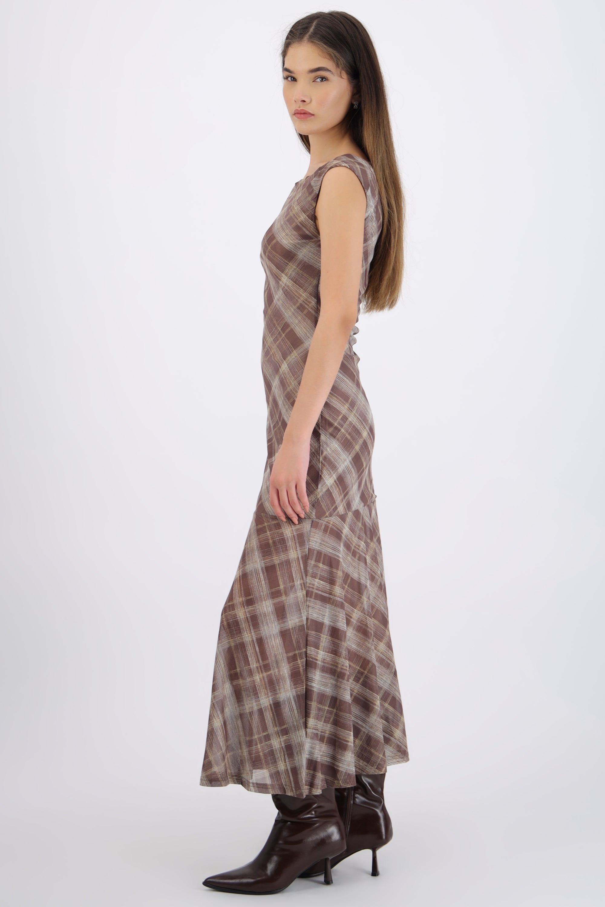 Maxivestido de mesh estampado cuadros