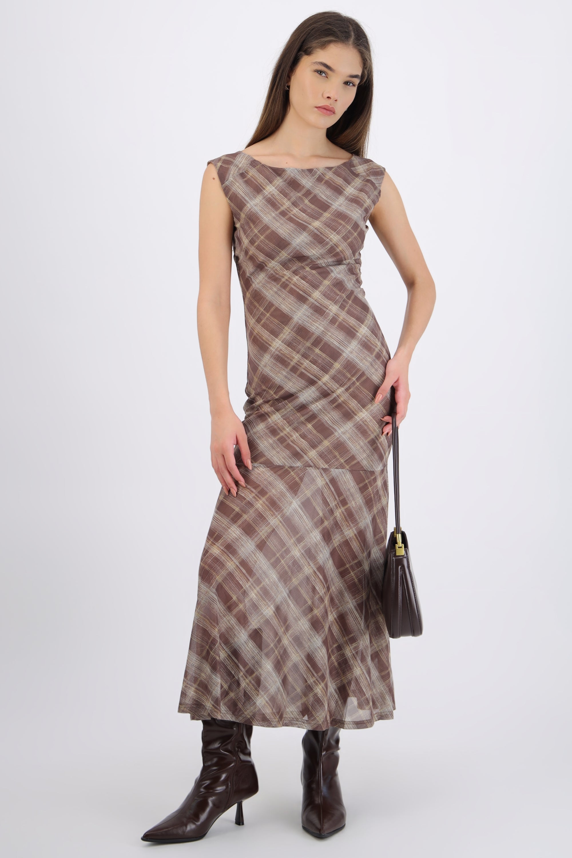 Maxivestido de mesh estampado cuadros