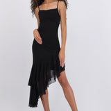 Vestido asimétrico tirantes brillos