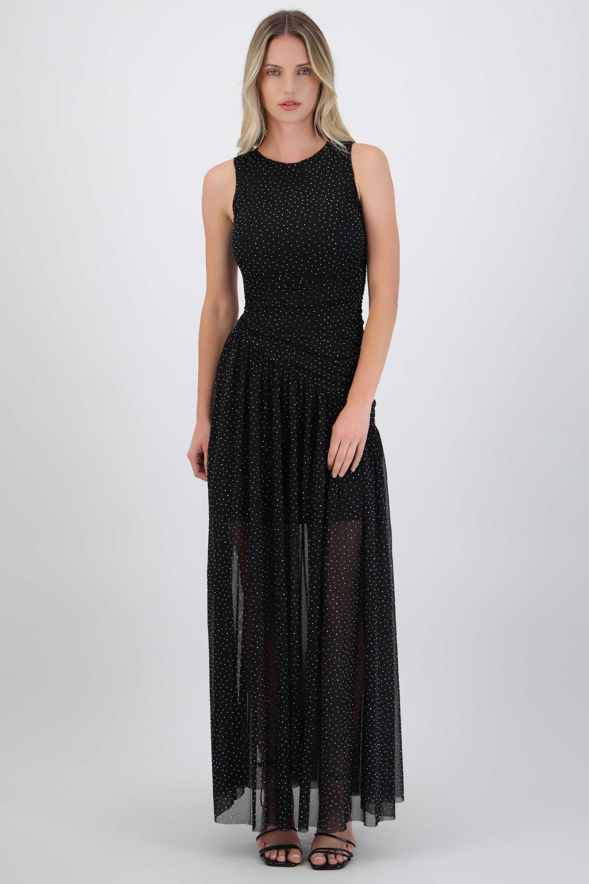 Vestido brillos largo drapeado