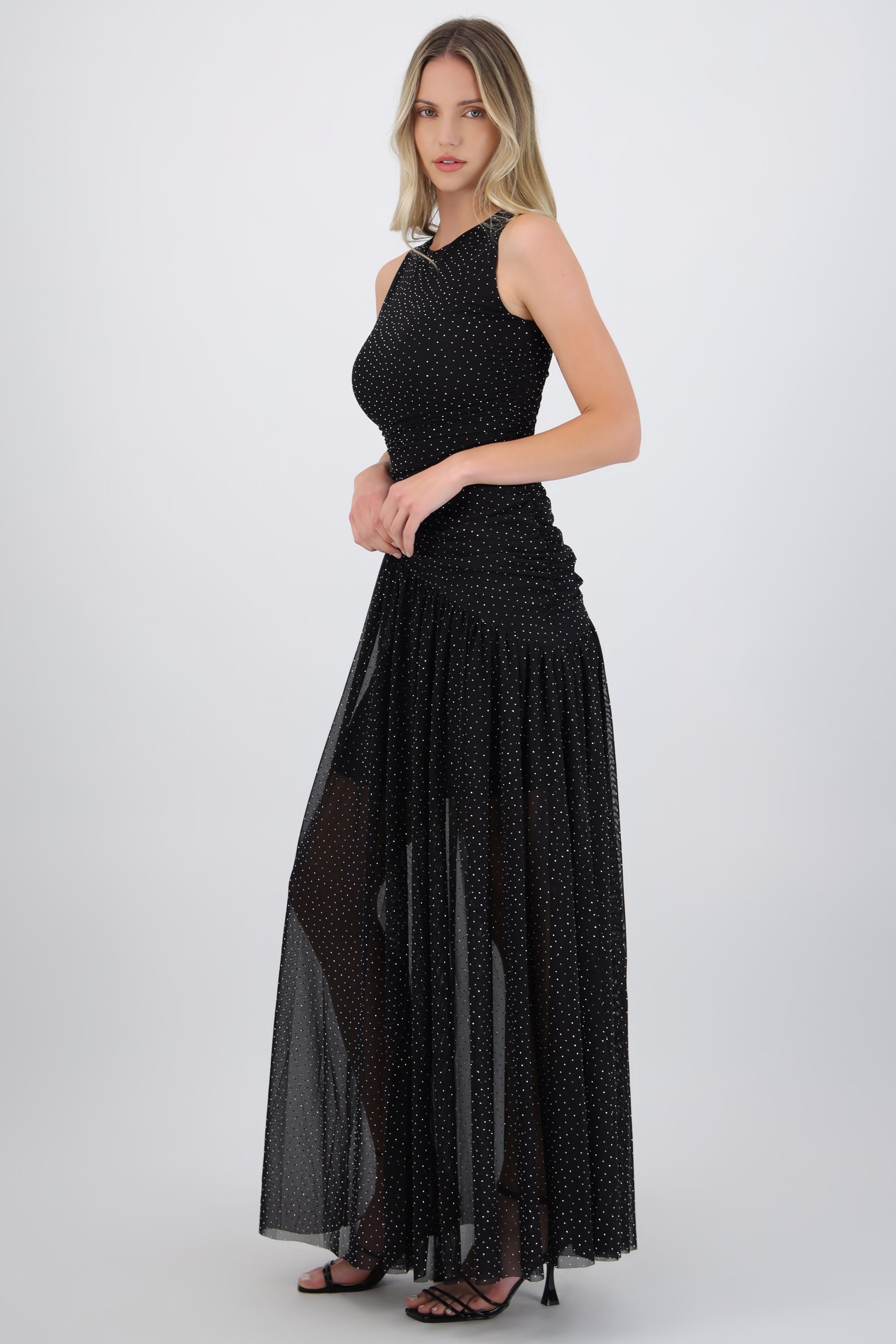 Vestido brillos largo drapeado