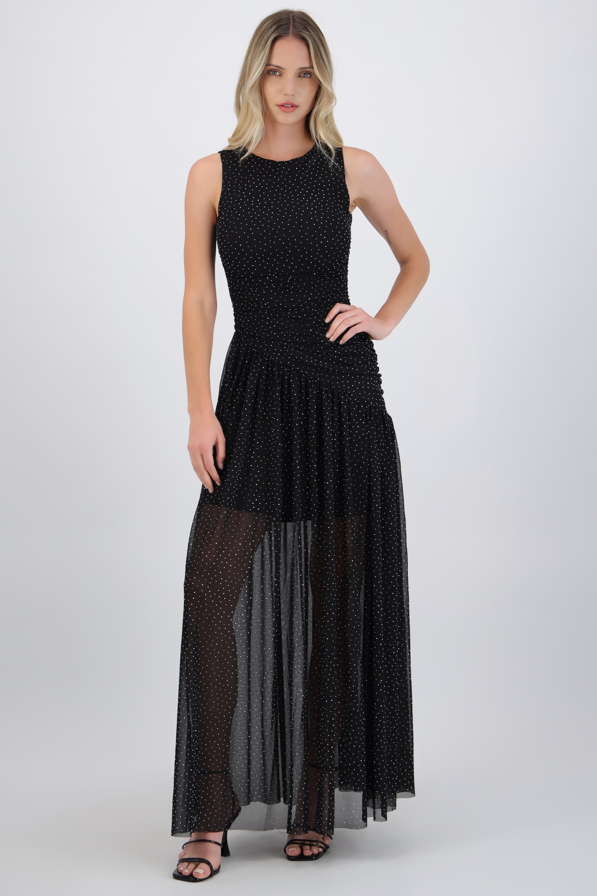 Vestido brillos largo drapeado