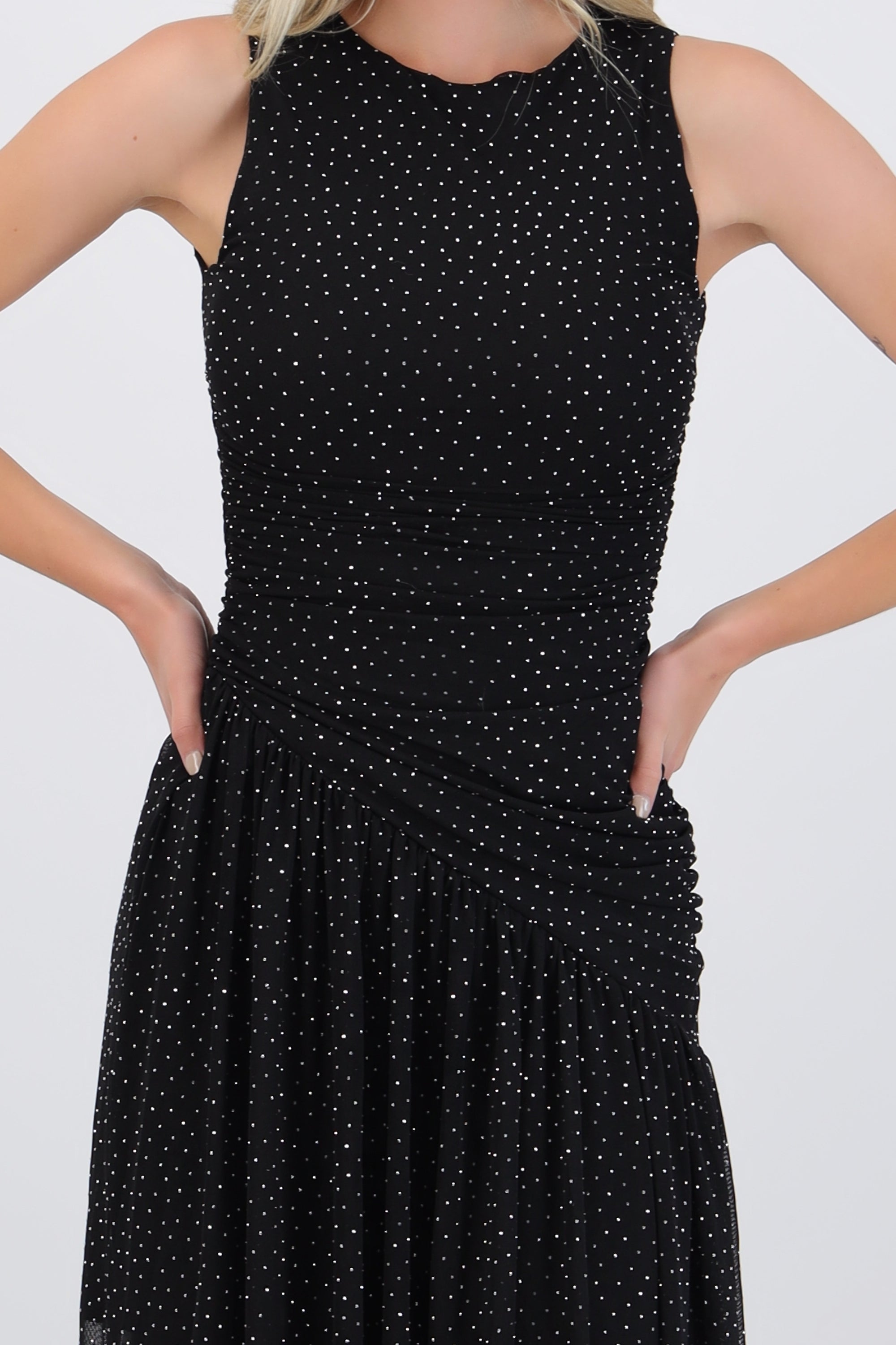 Vestido brillos largo drapeado