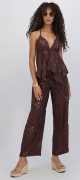 Pantalón con jareta flores lentejuelas