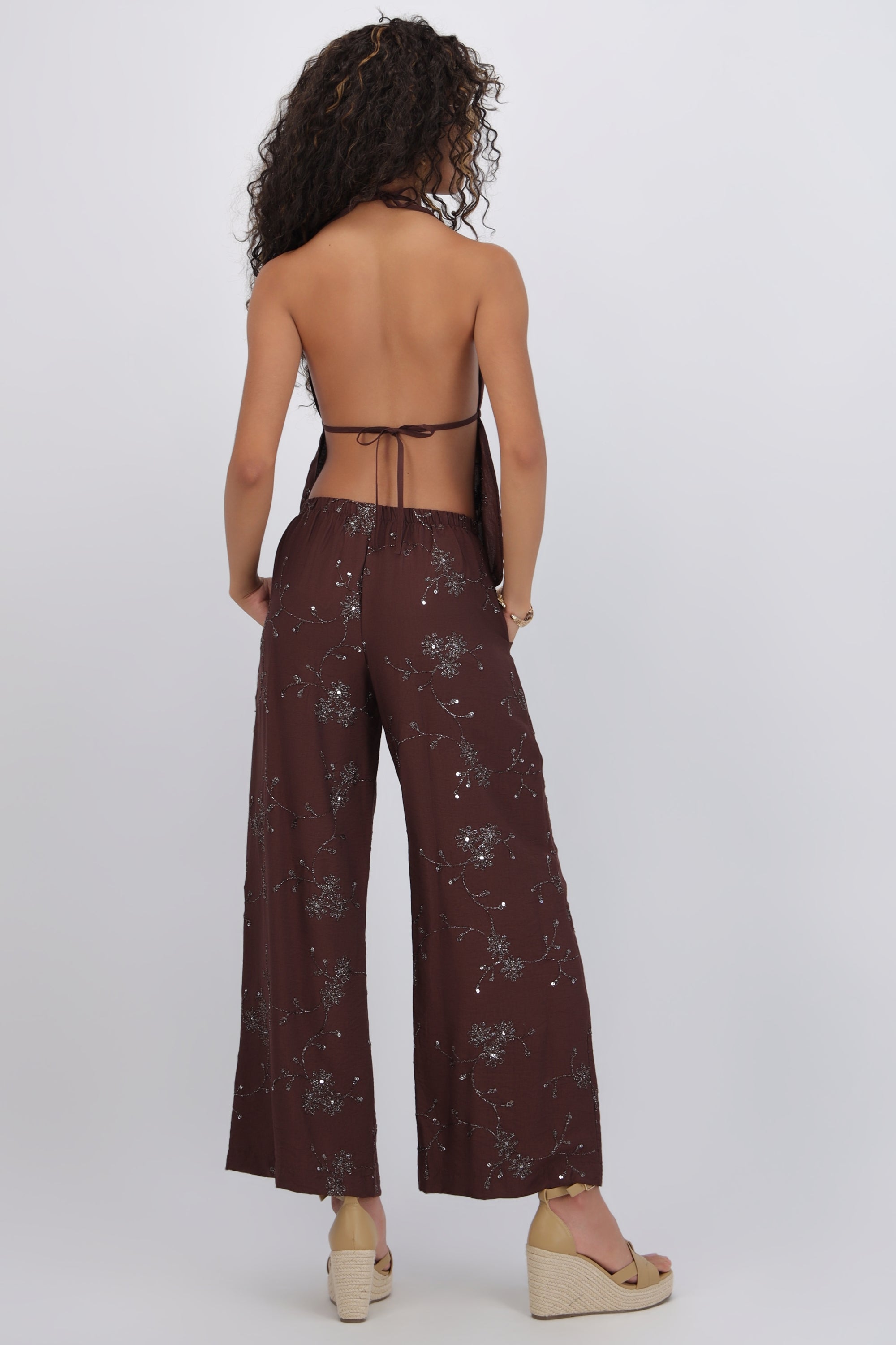 Pantalón con jareta flores lentejuelas