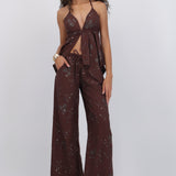 Pantalón con jareta flores lentejuelas
