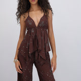 Top halter con copas flores de lentejuelas