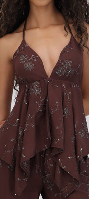 Top halter con copas flores de lentejuelas