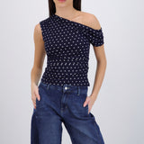 Top one shoulder polka dots