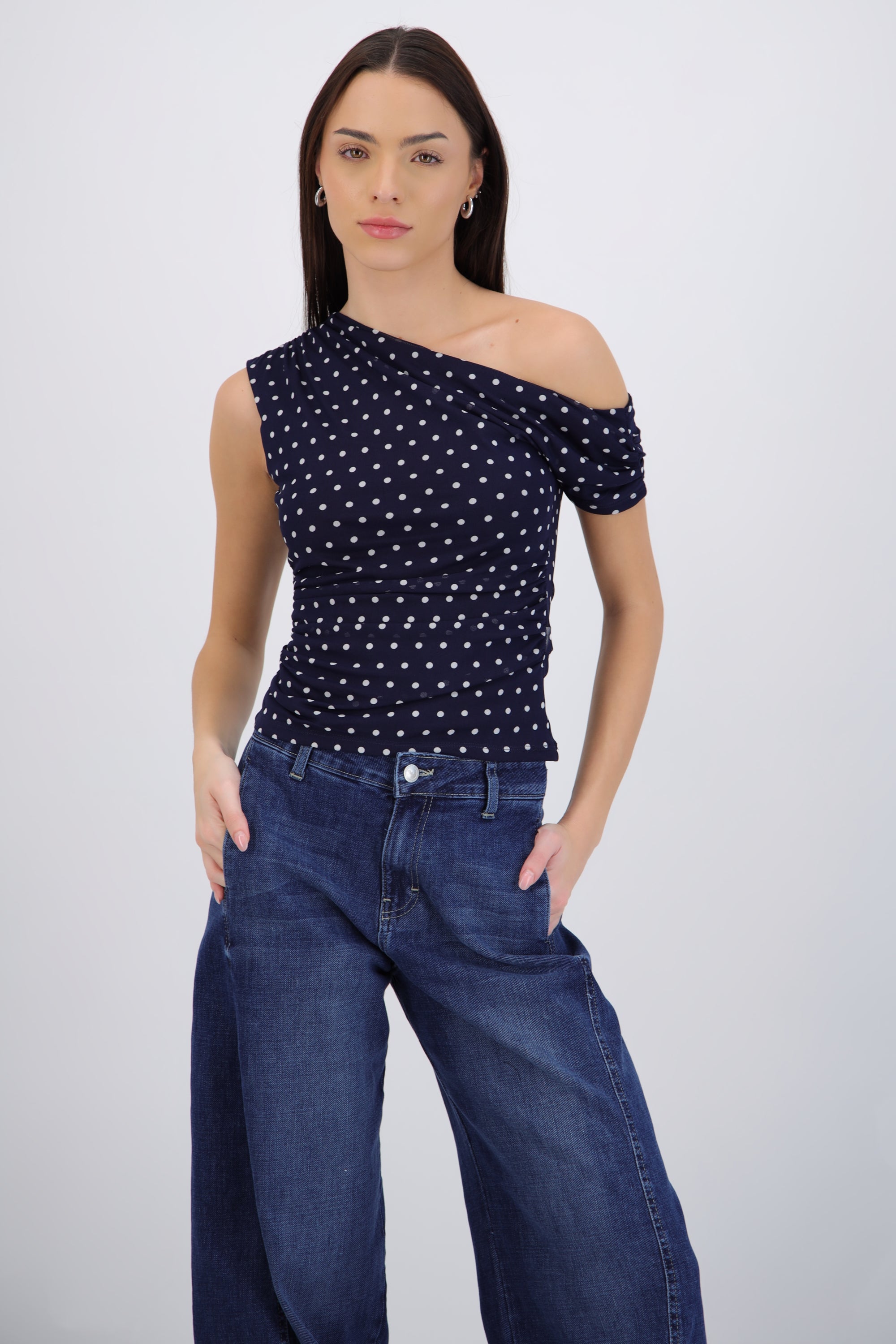 Top one shoulder polka dots