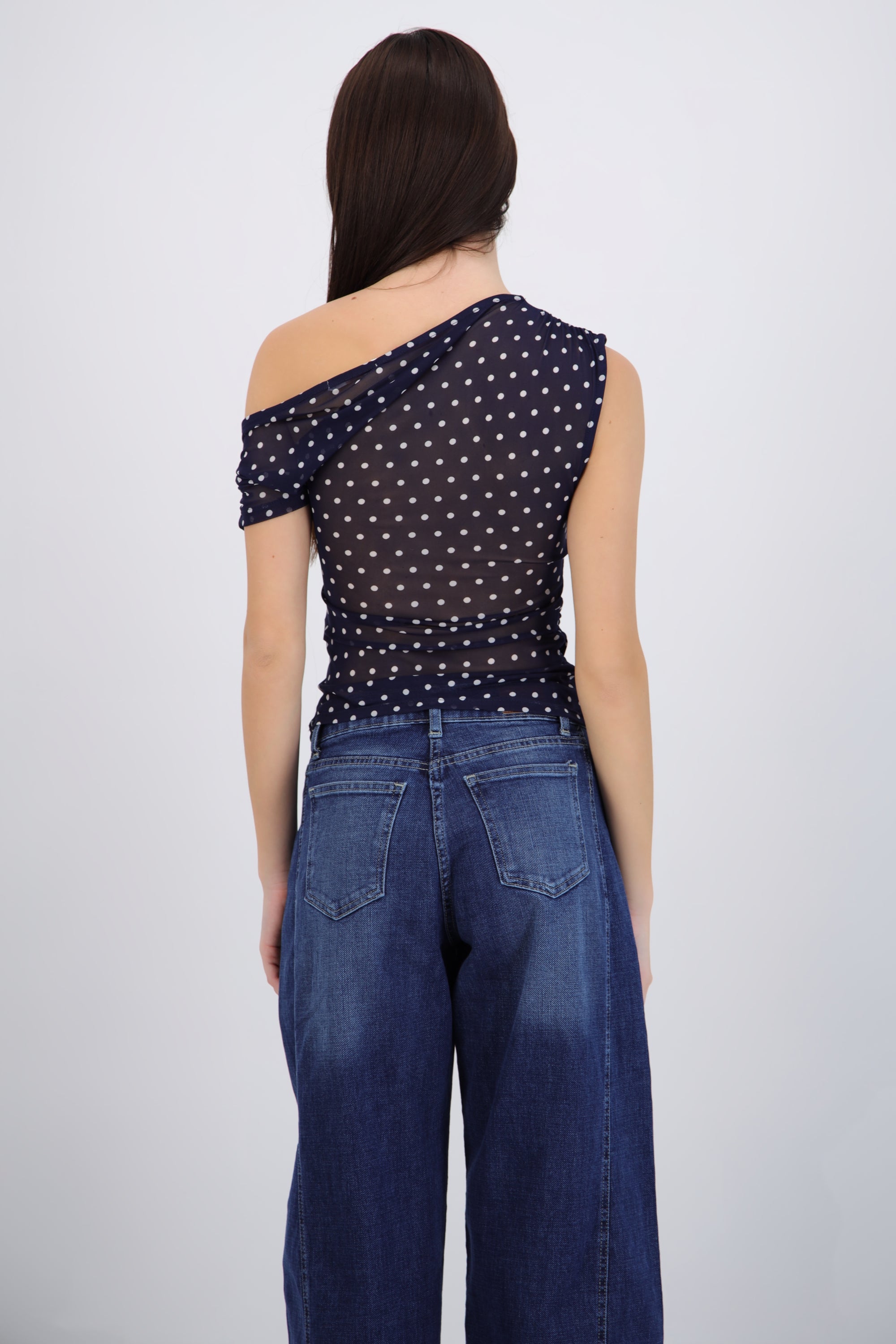 Top one shoulder polka dots