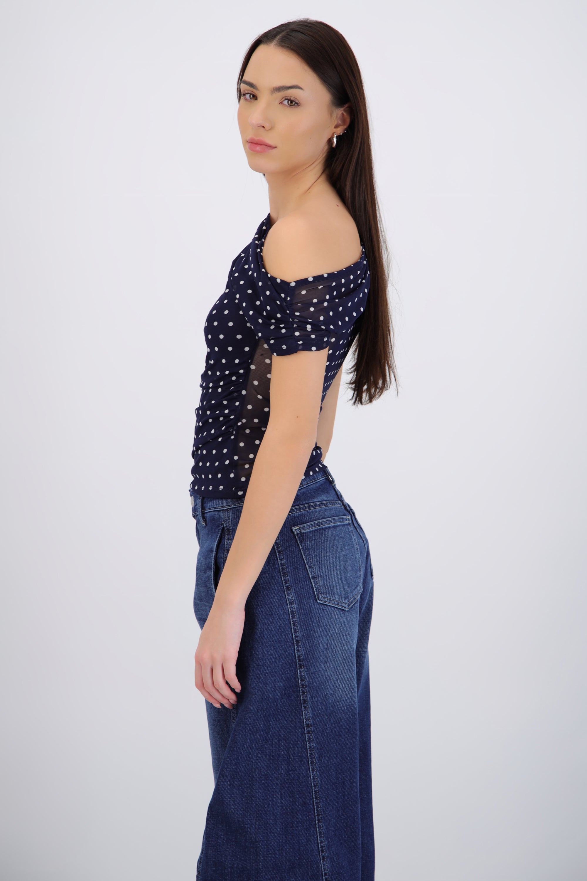 Top one shoulder polka dots