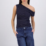 Top one shoulder polka dots