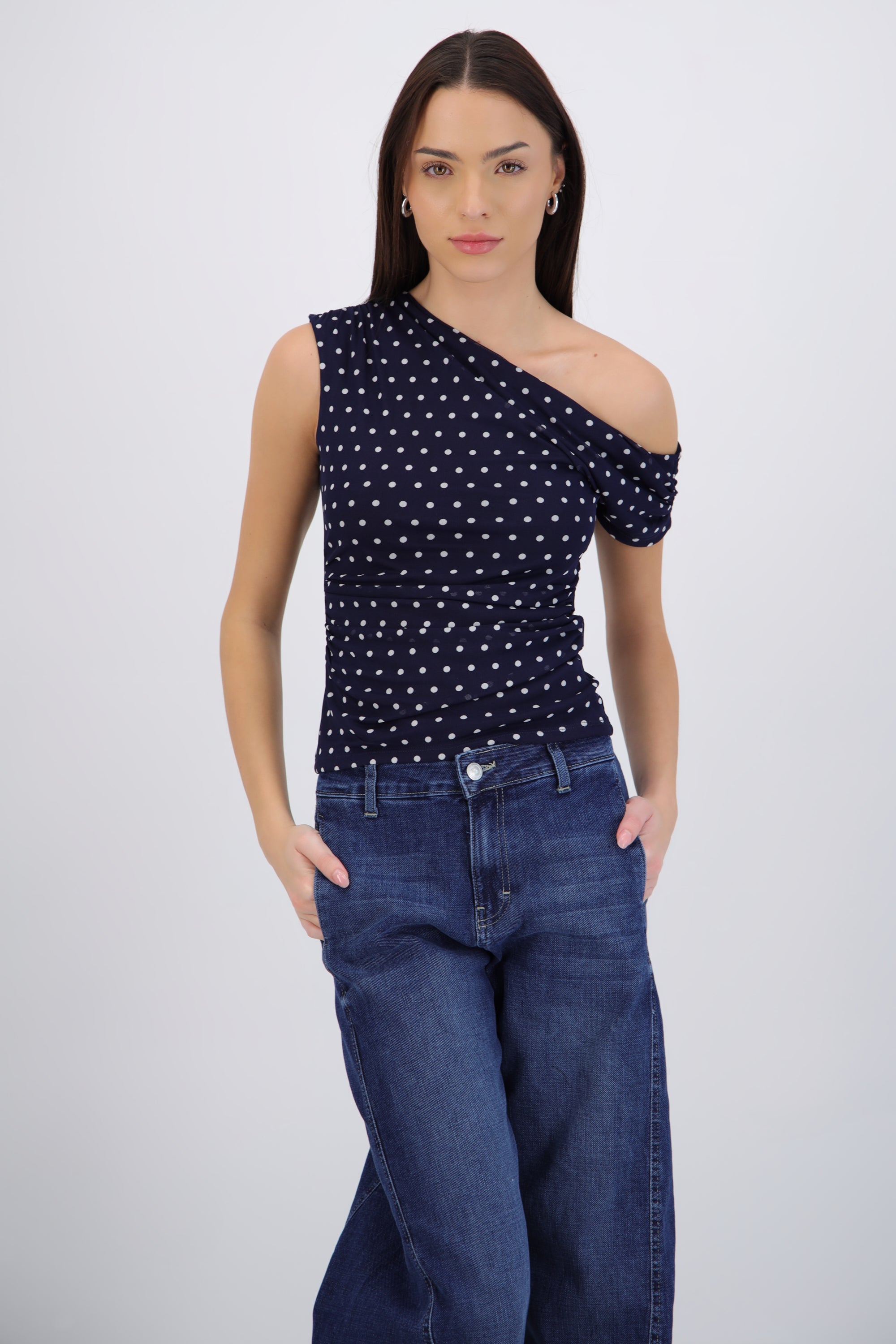 Top one shoulder polka dots