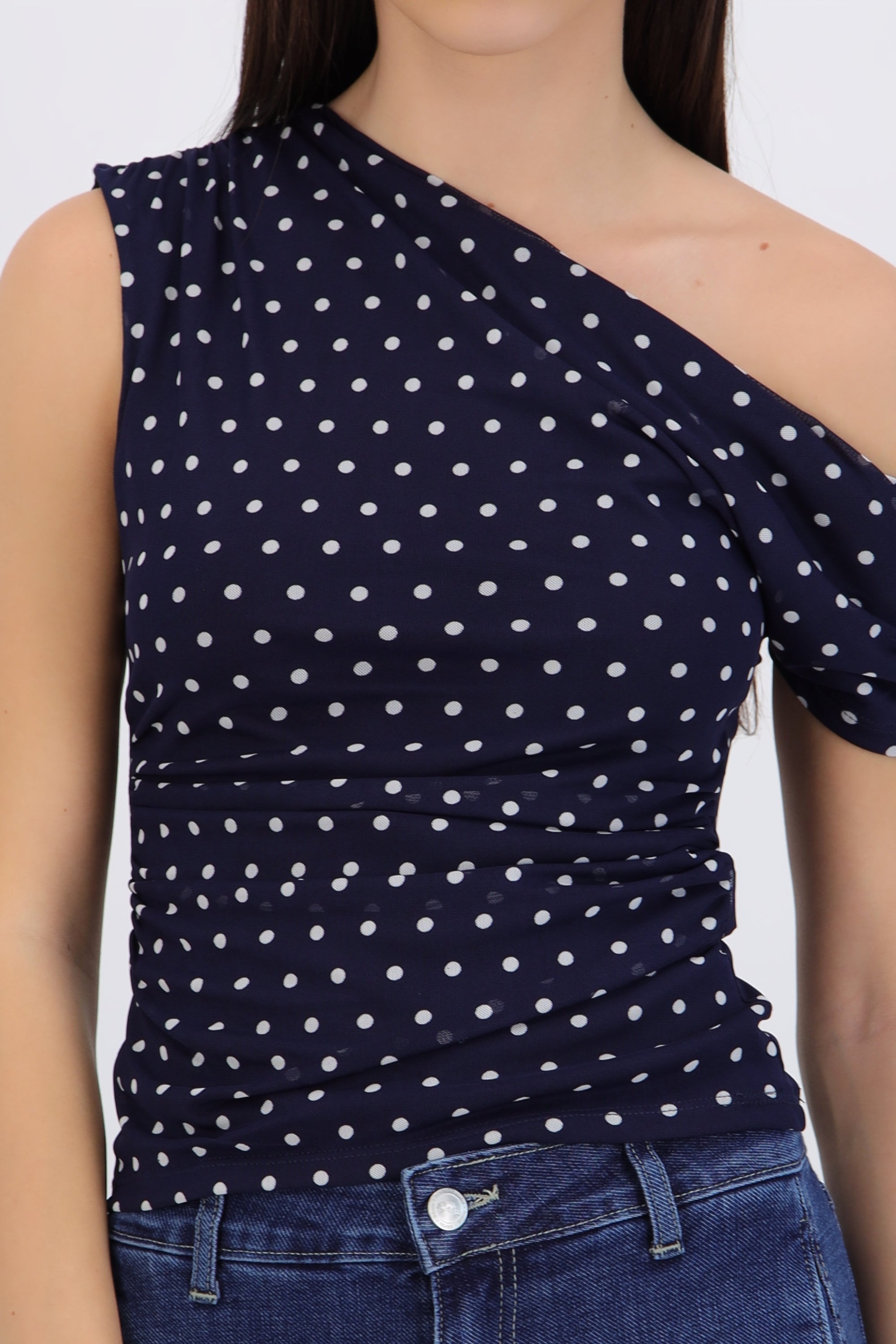 Top one shoulder polka dots