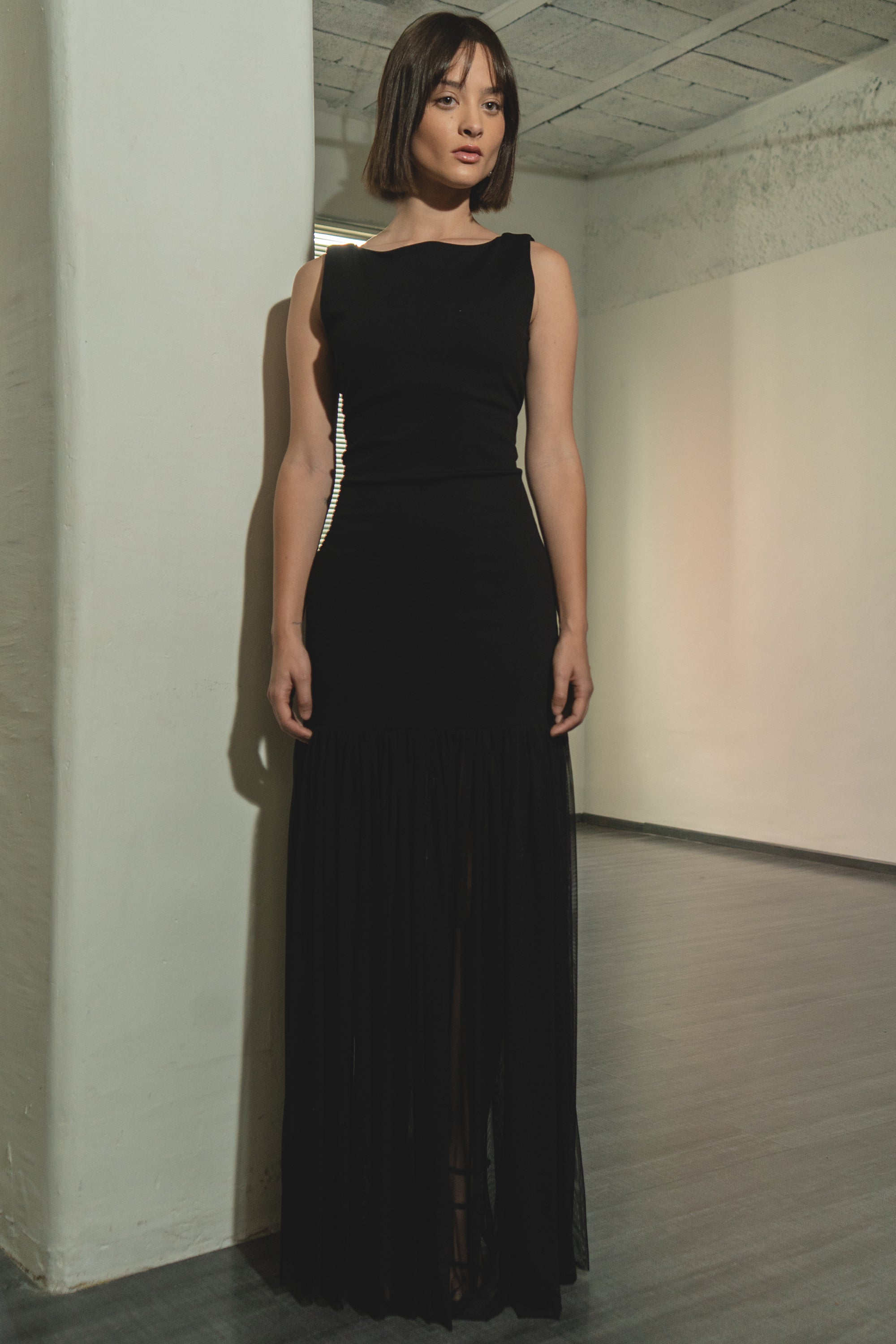 Vestido maxi drop waist falda mesh NEGRO