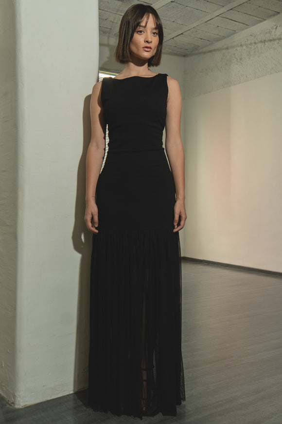 Vestido maxi drop waist falda mesh
