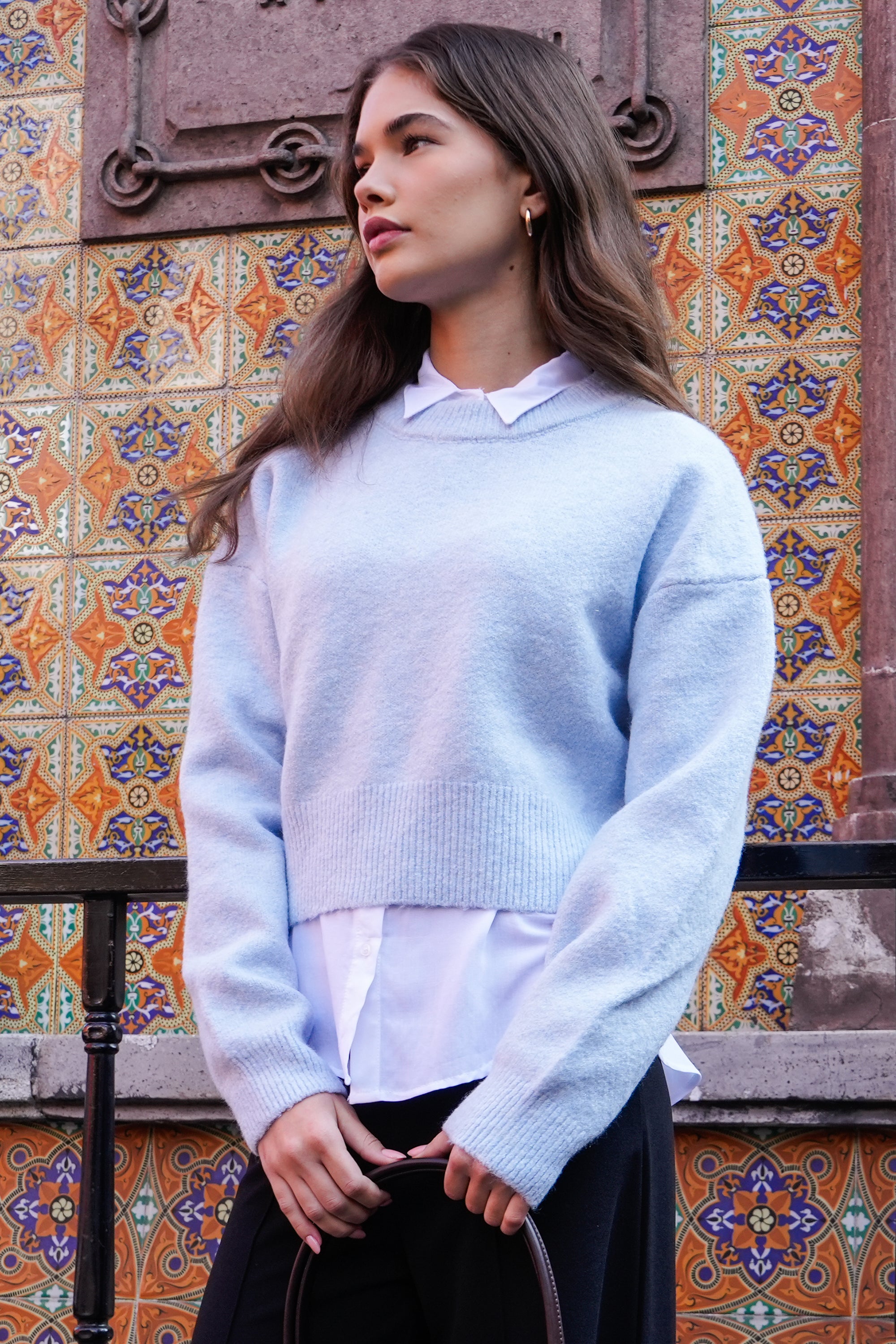 Sueter de cuello redondo manga larga suave AZUL