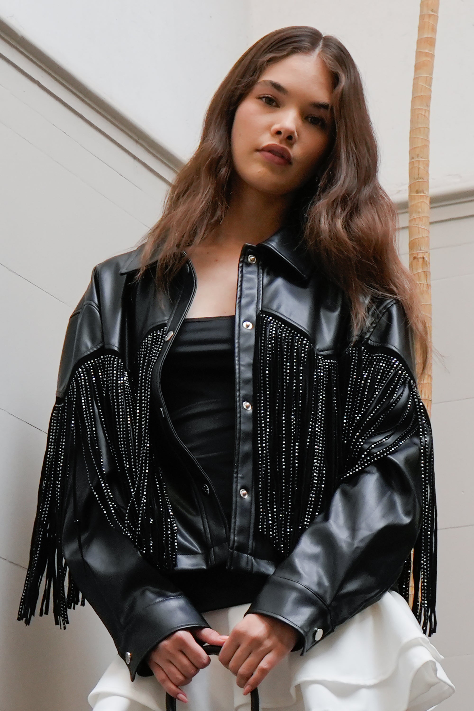 Chamarra Fringe Brillos NEGRO