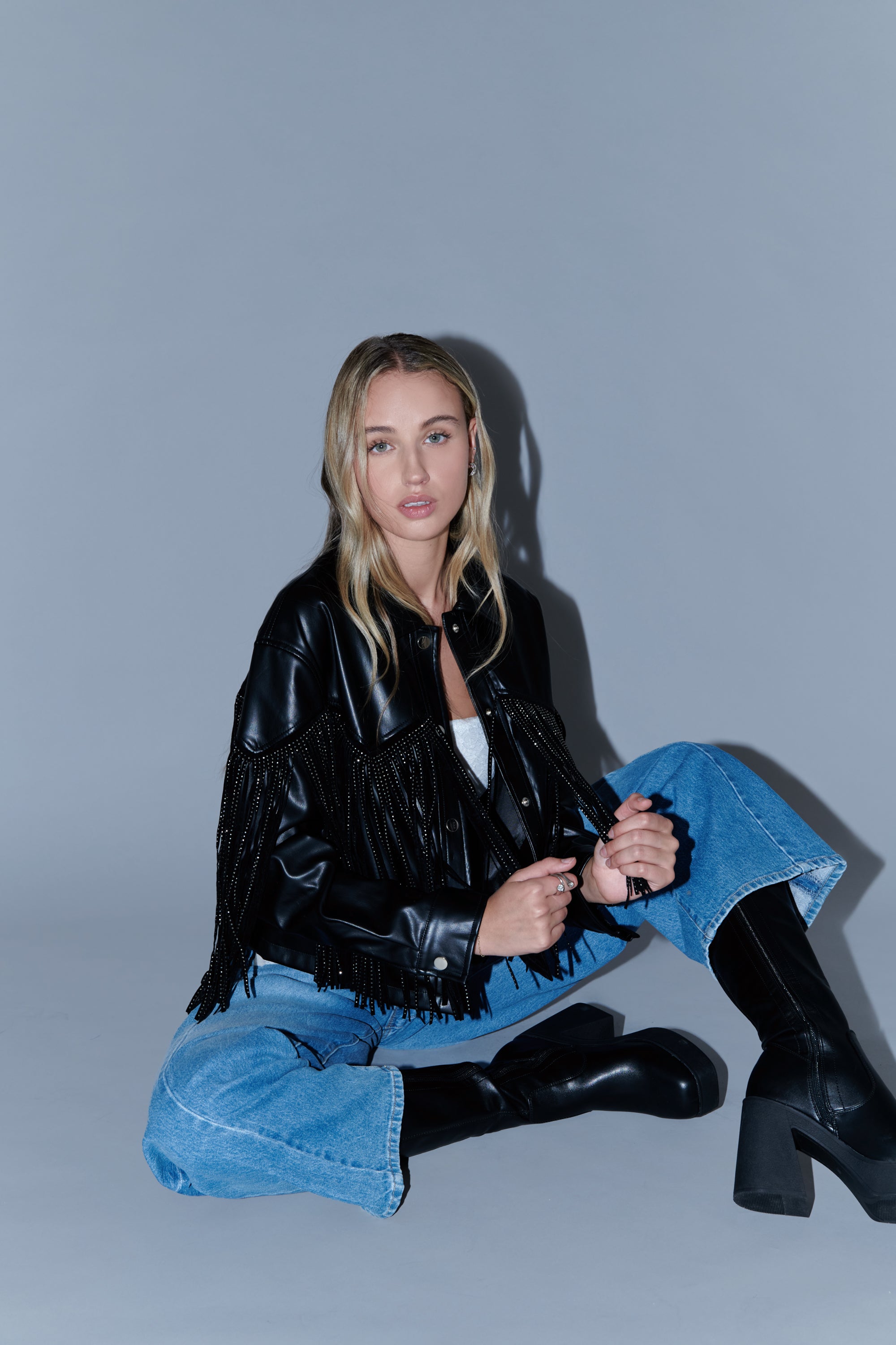 Chamarra Fringe Brillos NEGRO