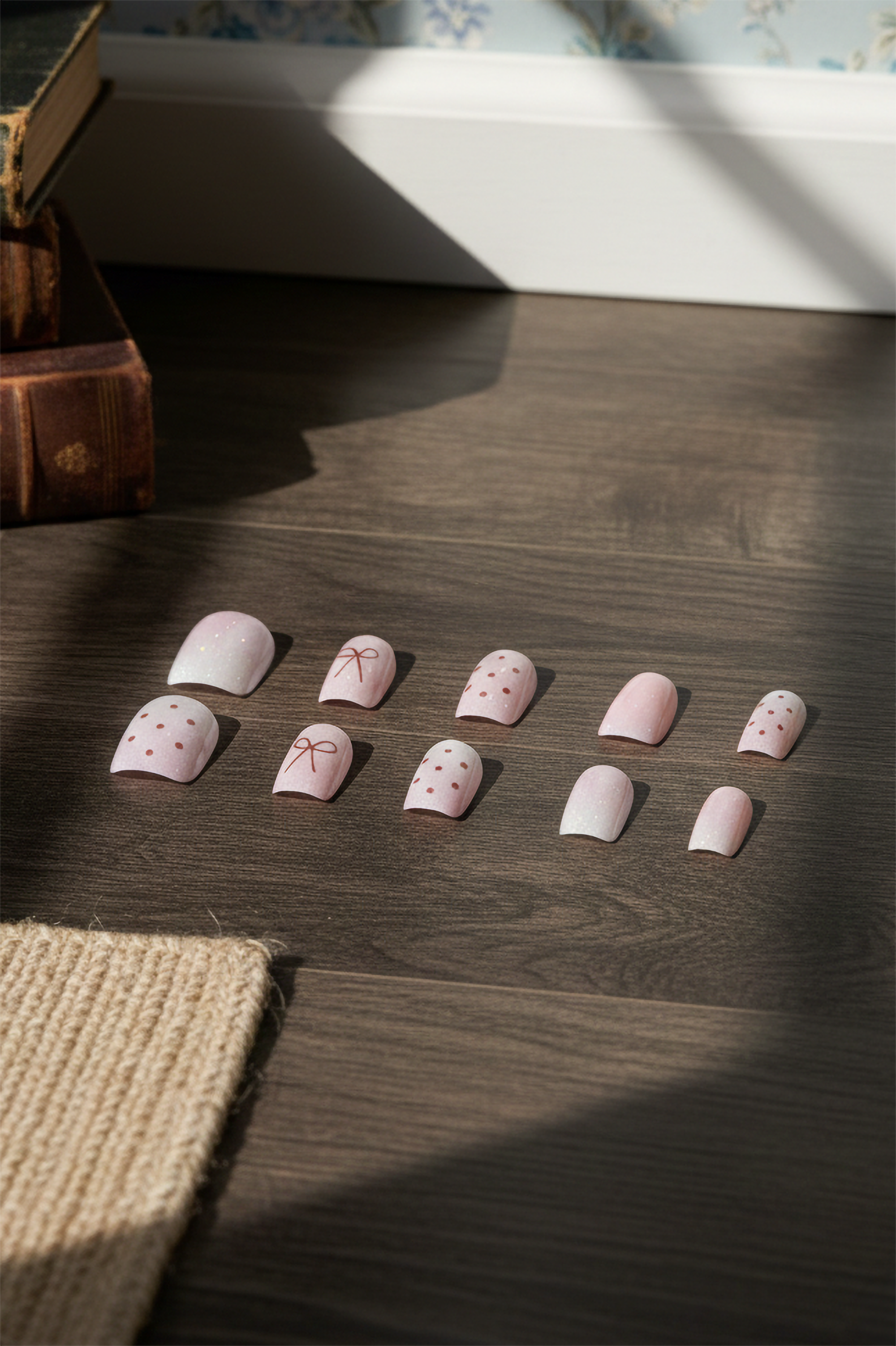 Set 10 uñas polka dots moño ojo de gato ROSA