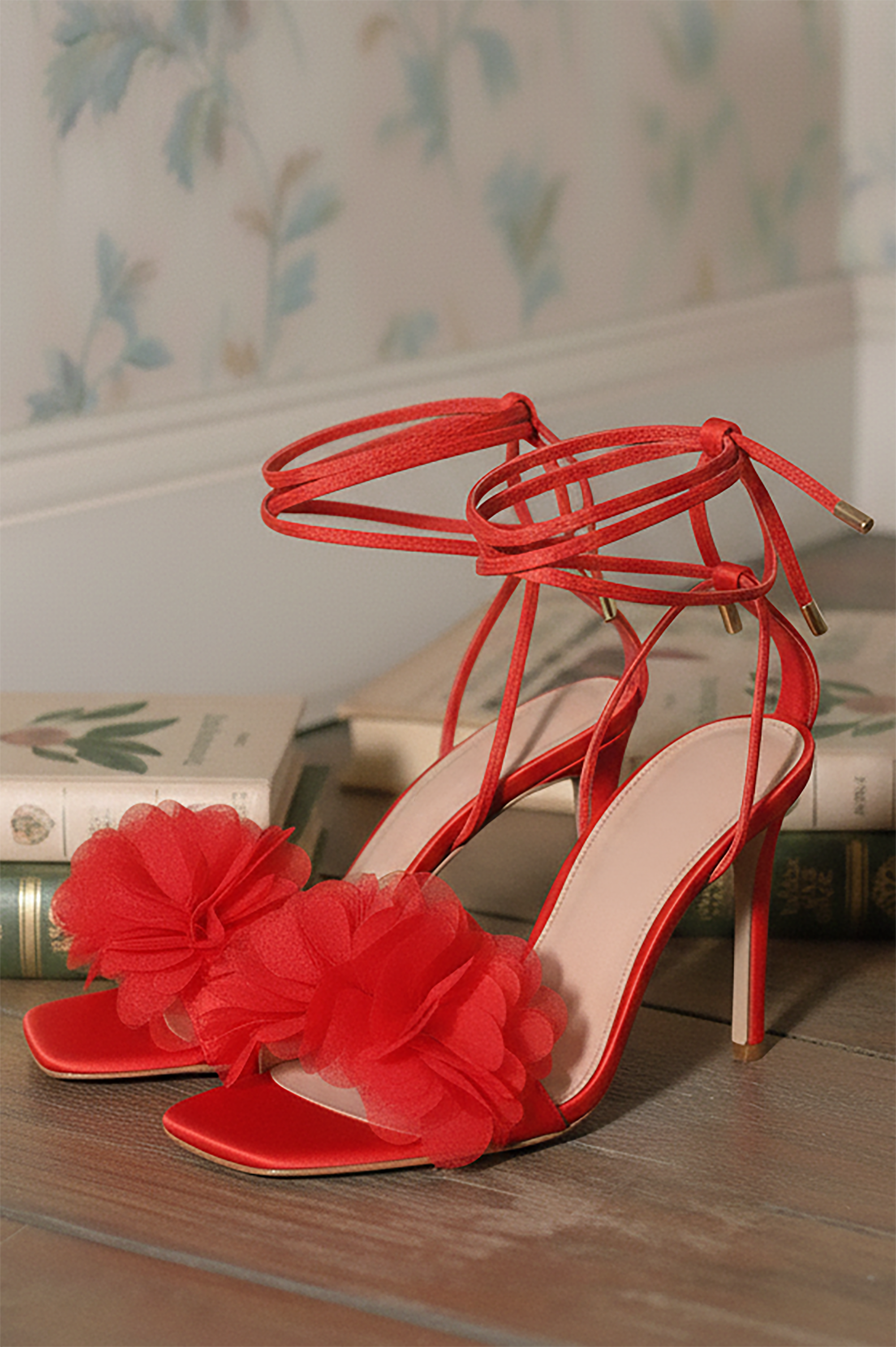 Tacon flores tul lace up ROJO