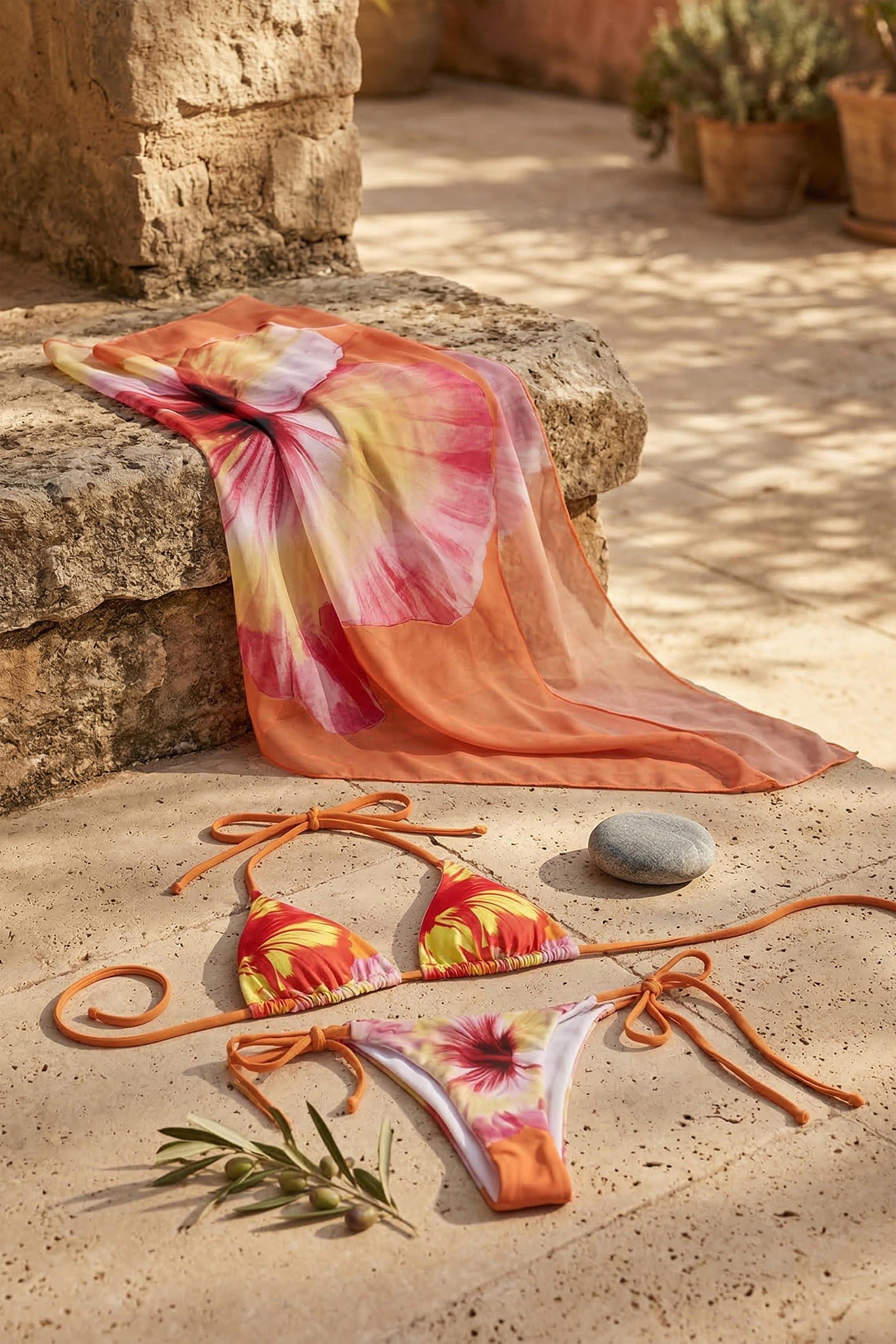 Bikini 3pz estampado floral pareo maxi NARANJA COMBO