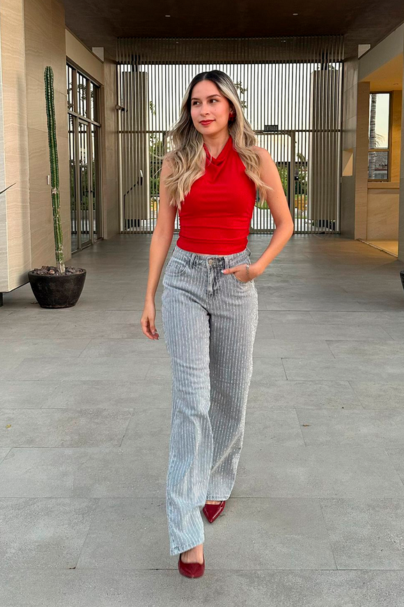 Jeans wide leg tiras brillos