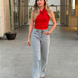 Jeans wide leg tiras brillos