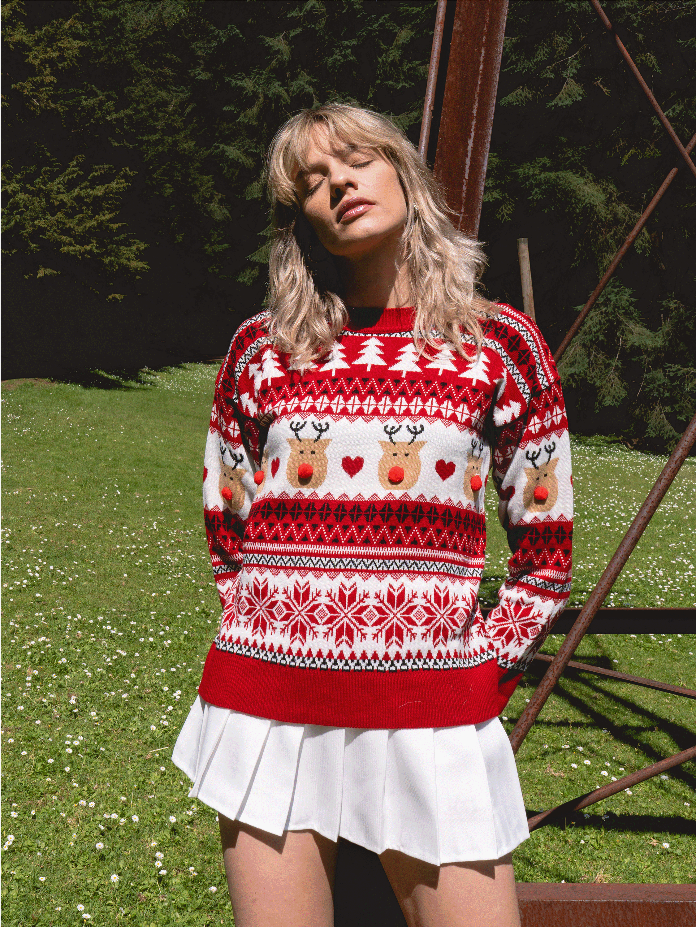 Suéter navideño reno nariz pompón ROJO COMBO