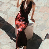 Vestido maxi halter mesh estampado flores